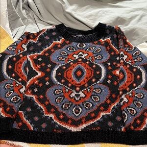Black Multicolor Patterned Crewneck Sweater